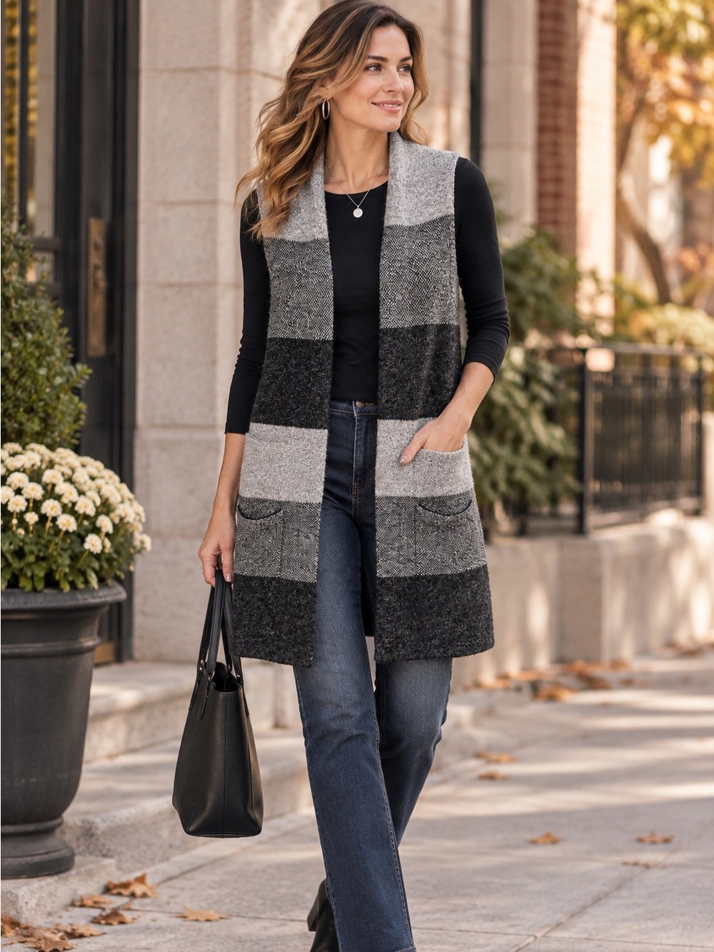 Evolution by Cyrus Gray Black Colorblock Long Sweater Vest Cardigan Size M